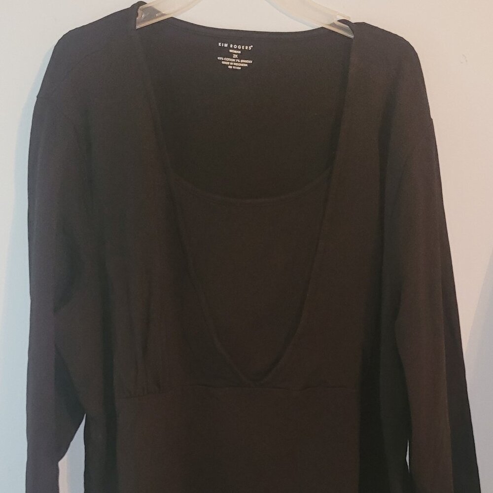 Kim Rogers Woman 3/4 Sleeve 2fer Pullover Top Solid Black Cotton Spandex Plus 2X